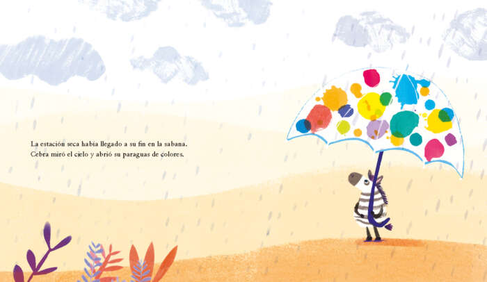Cebra abre su paraguas de colores. Invita a Gacela